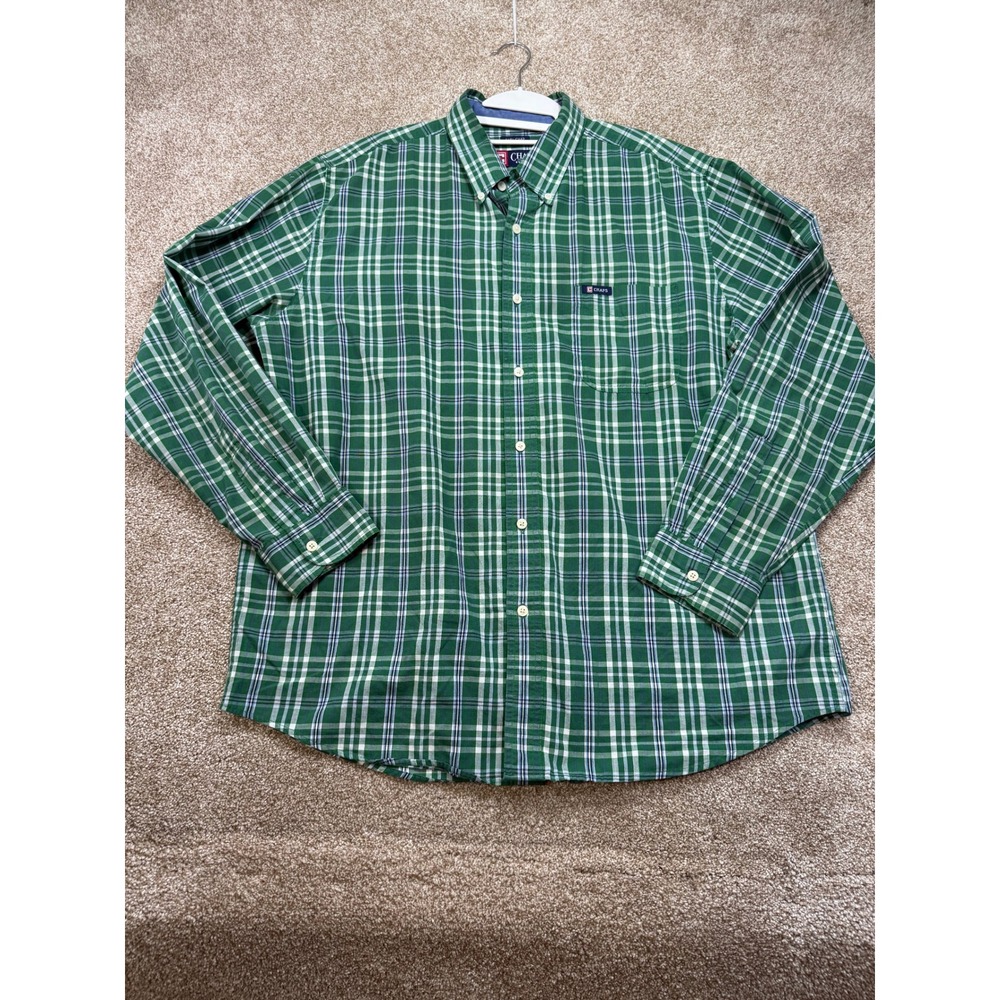 Chaps Mens XL Green Plaid Long Sleeve Button Down Easy Care Shirt Classic Preppy